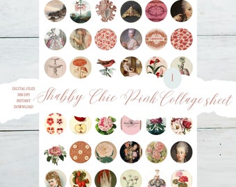Collage sheet, 30mm/ 1.2 inch round, pink and red