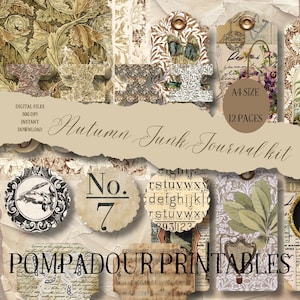 Kit de journal indésirable d'automne 12 pages, éléments et papiers de fond à télécharger numériquement, fabrication de cartes de scrapbooking imprimables Pompadour à imprimer