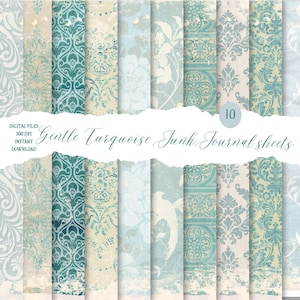 Gentle Turquoise Junk Journal-bladen, tien A4-pagina's, digitale download, patroonpapier, achtergrondpapier, Junk Journal, Pompadour-printables
