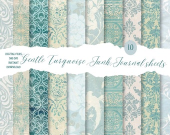 Gentle Turquoise Junk Journal sheets, ten A4 pages, Digital Download, pattern paper, background paper, Junk Journal, Pompadour Printables