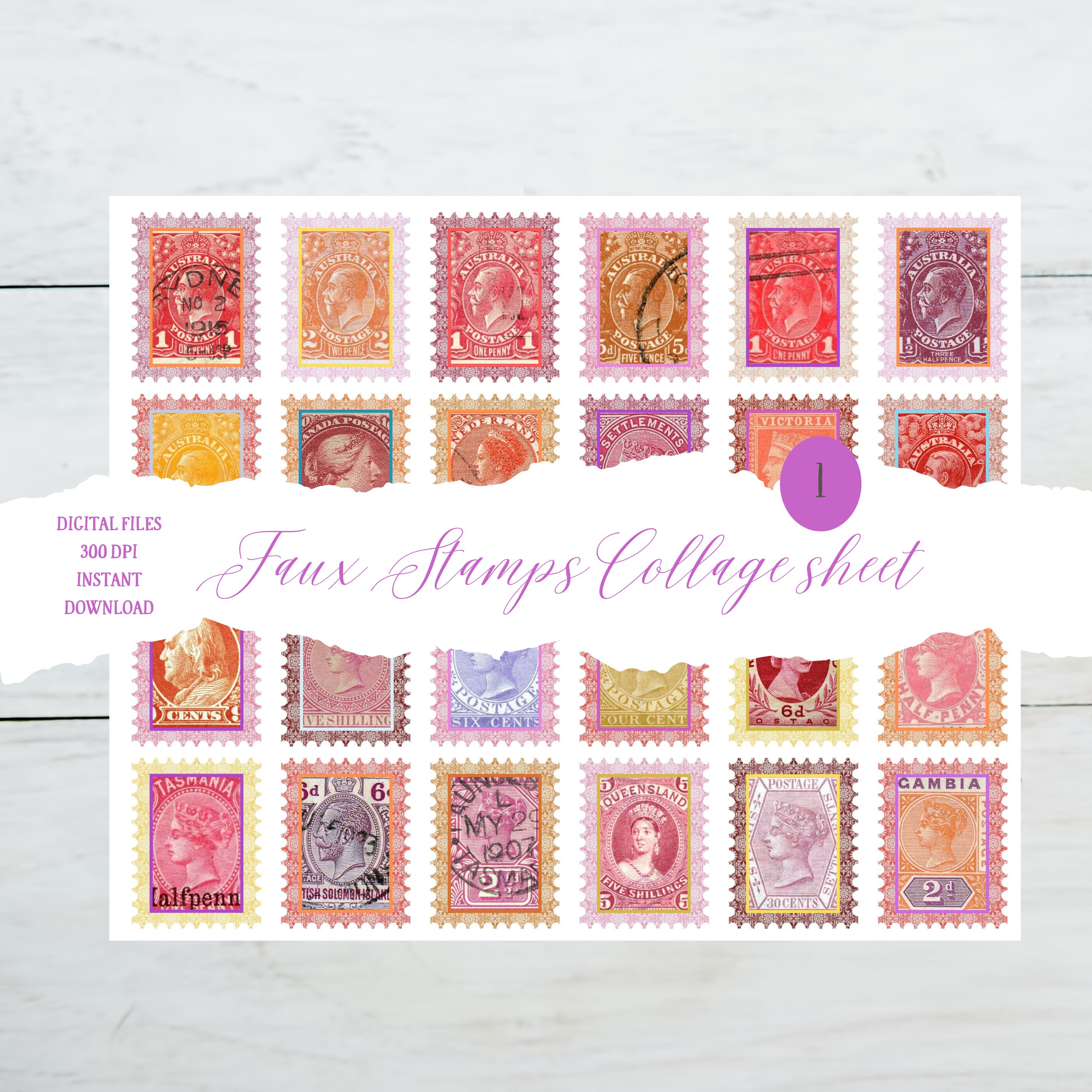 24 Vintage Red & Pink Ephemera Faux Stamps, Digital Download ...