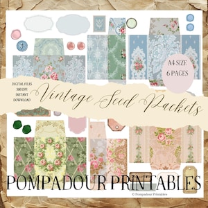 Pacotes de sementes vintage para impressão, 6 páginas com 12 pacotes de sementes, download digital para impressão, cartão de scrapbooking, Pompadour para impressão