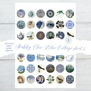 Peut inclure: Une feuille de collage numérique avec 36 cercles bleus et blancs représentant diverses images, notamment des oiseaux, des fleurs et des illustrations vintage. La feuille est intitulée "Shabby Chic Blue Collage Sheet 2".