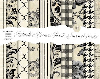 Cream & Black Junk Journal sheets,  ten A4 pages, Digital Download, pattern paper, background paper, Junk Journal, Pompadour Printables