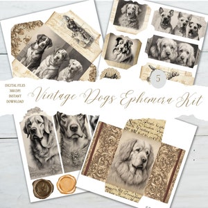 May include: A digital ephemera kit featuring vintage illustrations of dogs. The kit includes 5 images of dogs in various poses, including a golden retriever, a bloodhound, and a terrier. The images are in black and white and have a vintage aesthetic.