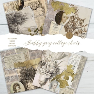 Oito papéis Scrappy em cinza e bege, perfeitos para diários indesejados, criação de cartões e scrapbooking. Papéis de rascunho para impressão, download digital