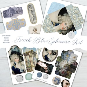 Kit de coisas efêmeras azuis francesas, coisas efêmeras azuis do Junk Journal, coisas efêmeras digitais azuis, envelopes azuis para impressão, coisas efêmeras azuis francesas, azuis digitais