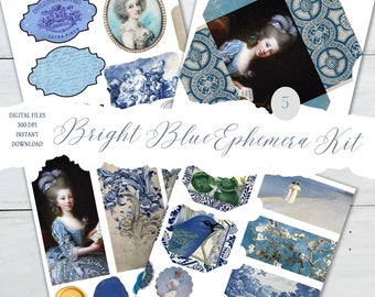 Bright Blue Ephemera Kit, Junk Journal Supplies (Digital Download)