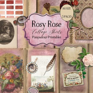 Feuilles de collage numérique rose rose antique à télécharger - imprimables Pompadour à téléchargement immédiat