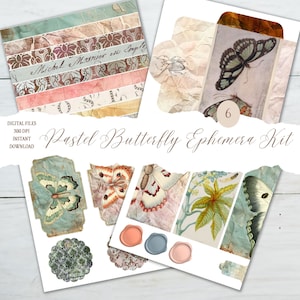 Pastel Butterfly Ephemera kit, Vintage butterfly, printable envelopes, vintage printables, Pompadour Printables design.