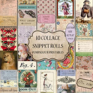Peut inclure: Un collage d'éphémères vintage, comprenant des illustrations botaniques, des papillons et des notes manuscrites. Le design présente une variété de couleurs et de textures, avec le texte "10 Collage Snippet Rolls" et "Pompadour Printables". Format papier 21,59 cm x 27,94 cm.