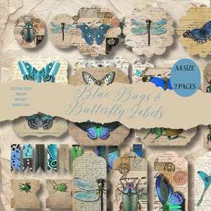 DIGITAL Antique Blue Bugs & Butterfly Labels and Tags Digital Collage Sheet Download - Instant Download Printables Pompadour Printable