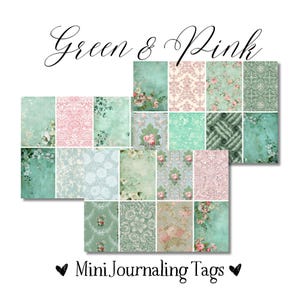 Könnte beinhalten: Ein Set mit 20 Mini-Journaling-Tags mit einem grün-rosa floralen Muster. Die Tags sind perfekt, um Ihren Tagebüchern, Planern und Sammelalben einen Hauch von Vintage-Charme zu verleihen.