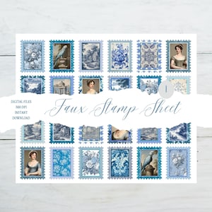 May include: A digital download sheet of 16 faux postage stamps featuring blue and white designs. The stamps feature images of flowers, birds, landscapes, and portraits. The text "Faux Stamp Sheet" is printed on the sheet.