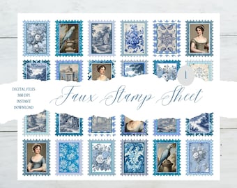Jane Austen Ephemera, Blue Faux Stamps, Scrapbooking Clip Art (Digital Download)
