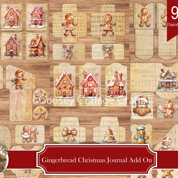 Gingerbread Christmas Junk Journal Ephemera Add On Kit, Digital Download, 9 pages, Envelopes, Pockets Cards Tags, Ideal all Papercrafts