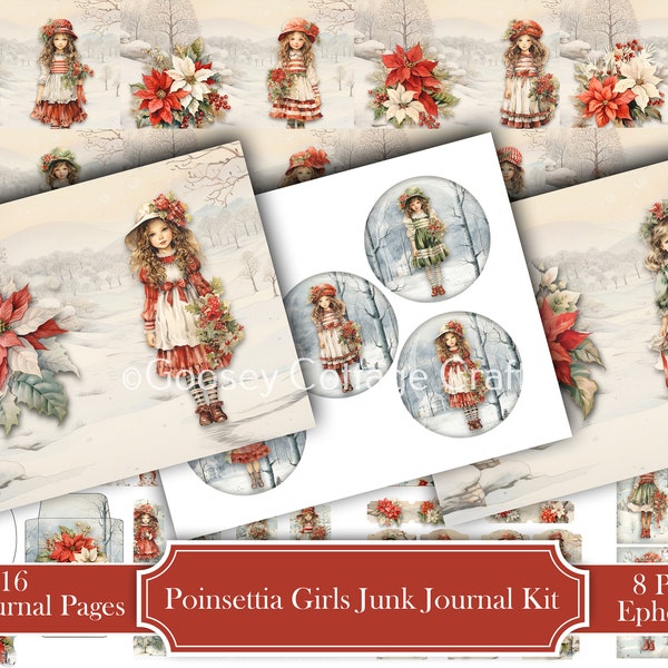 Vintage Poinsettia Girls Junk Journal Kit Pages Envelopes Pockets Cards Tags, Digital Download, also ideal scrapbook cardmaking folios album