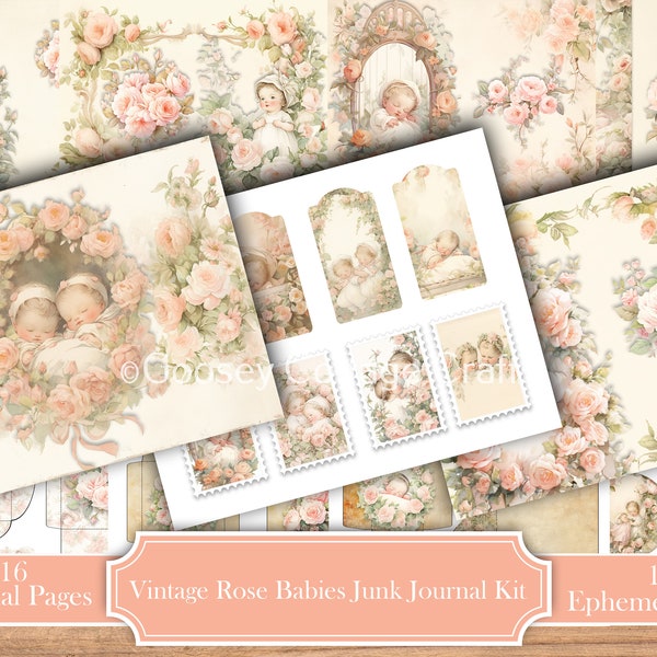 Vintage Rose Babies Junk Journal Scrapbook Kit, Digital Download, includes Pages, Envelopes, Pockets, Tags, Cards Ephemera.