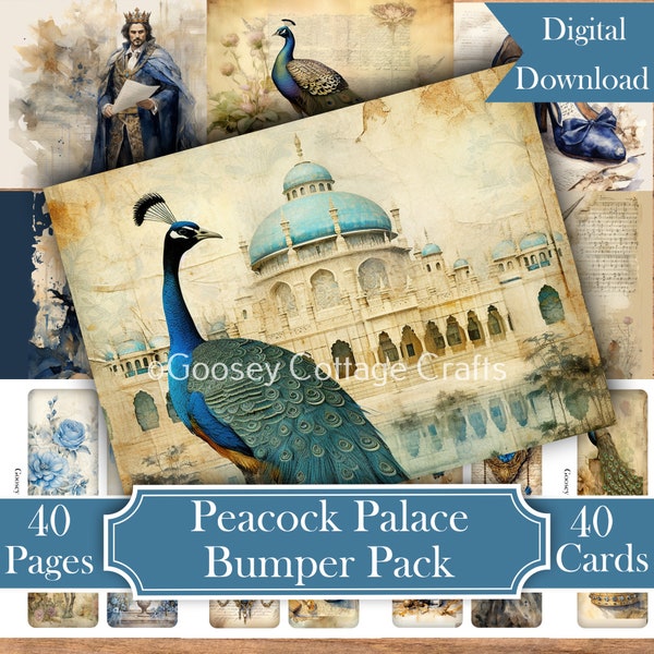 Peacock Palace Junk Journal Scrapbook Bumper Bundle, Digital Download, 40 double pages, 40 Journaling Cards, also ideal Cardmaking etc