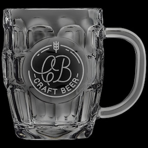 May include: Clear glass beer mug with a handle and a textured body. The mug features a circular logo with the text "Craft Beer" and the letters "CB" inside. The logo also includes a wheat symbol.
