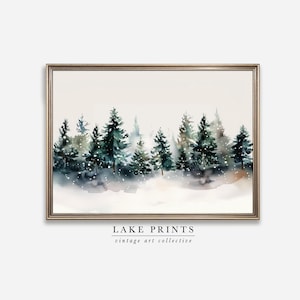 Pintura de bosque invernal, impresión navideña, arte mural imprimible, decoración navideña, paisaje invernal nevado, árboles perennes, acuarela A390