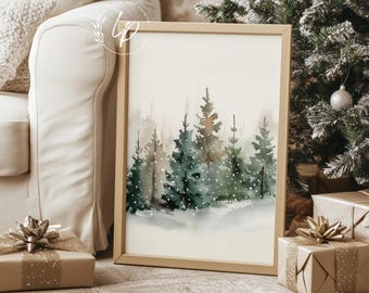 Winter Pine Tree Painting Christmas Print, Printable Wall Art, Christmas Decor, Snowy Winter Landscape Evergreen Trees Watercolor Print A436
