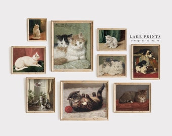 Vintage Bauernhaus Print SET | Katzen 2er Set | Französisches Wohndekor Katze | Katzen Kunst | Rustikales Decor DRUCKBAR Digital Download S671