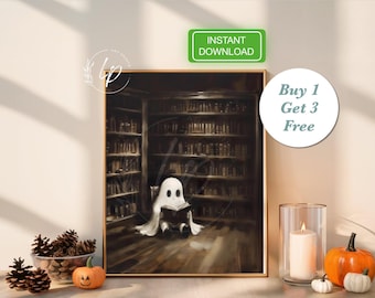 Vintage Library Ghost Print | Ghost Reading Print | Wall Art | Halloween Decor | Academia | Spooky | Ghost Painting | Instant Download  A410