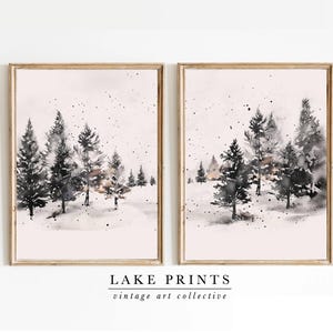 Pintura de bosque invernal, impresión navideña, arte mural imprimible, decoración navideña, paisaje invernal nevado, árboles perennes, acuarela A393
