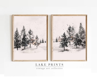 Winter Forest Painting Christmas Print, Printable Wall Art, Christmas Decor, Snowy Winter Landscape Evergreen Trees Watercolor Painting A393