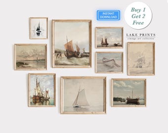 Vintage Seascape Print SET | Nautical Gallery Wall Set | French Home Decor | Rustic Sailboat Art Decor PRINTABLE Digital Download S670