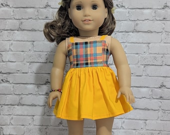 Gelb und Kariertes Sonnen Kleid für 45 cm große Puppen