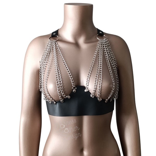 BDSM-utrustning för kvinnor, justerbar storlek, bondagesele, BDSM-bälte i läder, toppselekedja, kedje-bh, festivaloutfit, present till henne