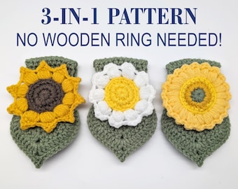 Sunflower Kitchen Towel Hanger Crochet Pattern | 3-in-1 Flower Design | Sunflower, Daisy & Gerbera | PDF Download