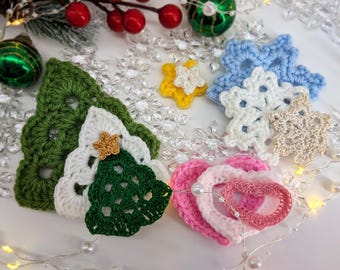 Christmas Crochet Applique Pattern Set | 4-in-1 | Tree - Star - Snowflake - Heart | PDF | Ornament & Decoration