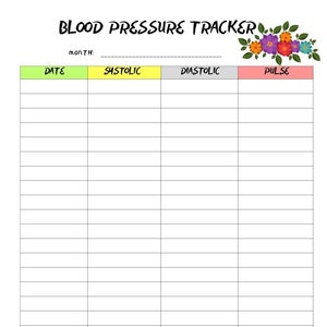 Puede incluir: Un rastreador de presi&oacute;n arterial imprimible con un dise&ntilde;o floral. El rastreador tiene columnas para la fecha, la presi&oacute;n sist&oacute;lica, la presi&oacute;n diast&oacute;lica y el pulso.