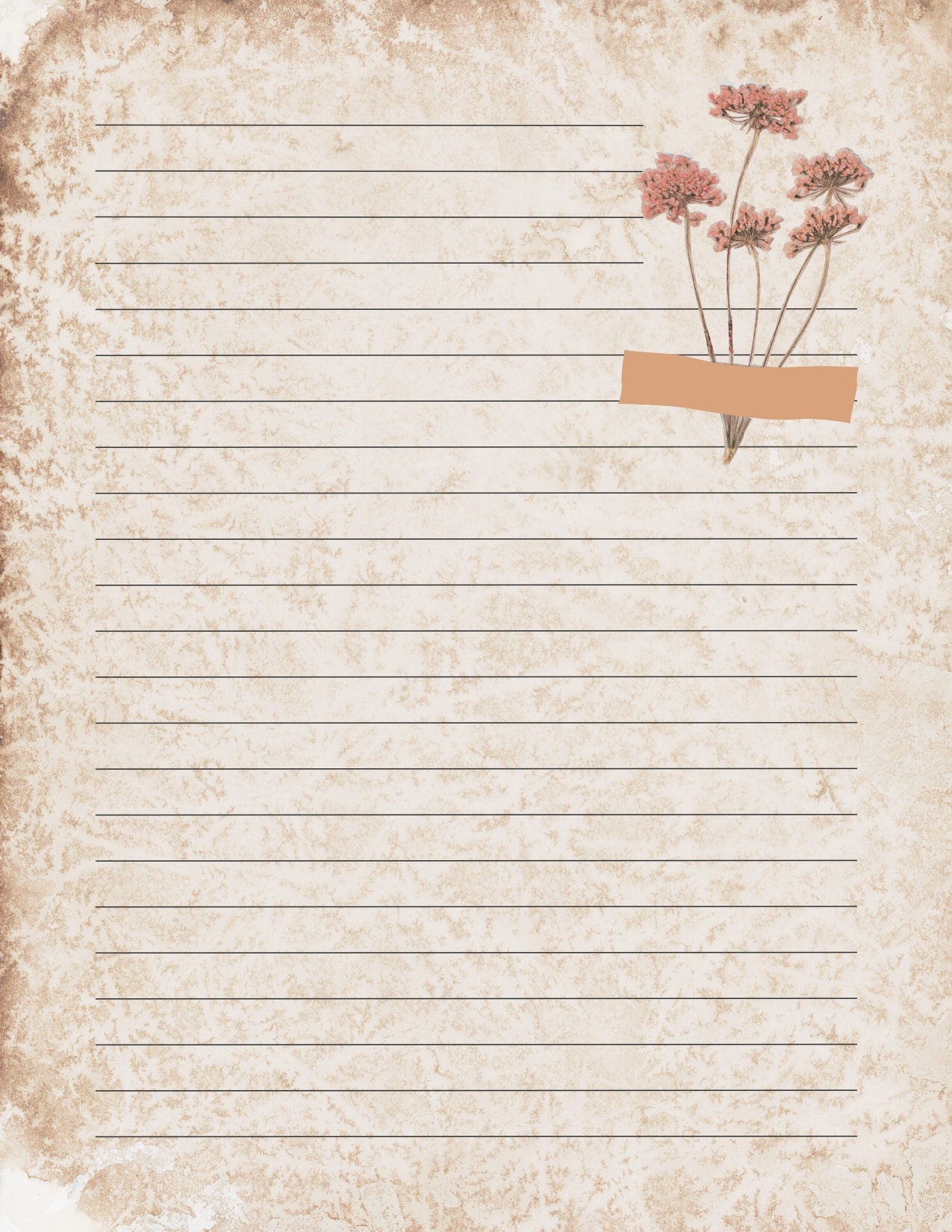 Vintage Floral Writing Paper 10 Lined Printable Sheets US Letter Size 