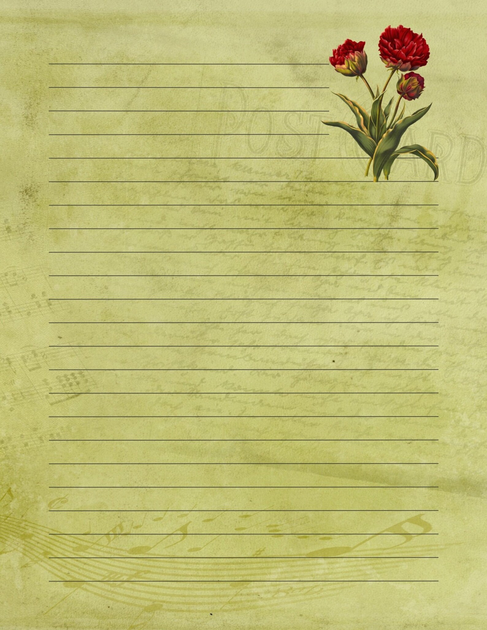Vintage Floral Writing Paper 10 Lined Printable Sheets US Letter Size 