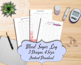 Blood Sugar Log Printable, Three Designs, Four Sizes (Digital Download)