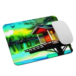 Casa del árbol con vista de la hermosa puesta de sol Mousepad - Pintado con acuarelas