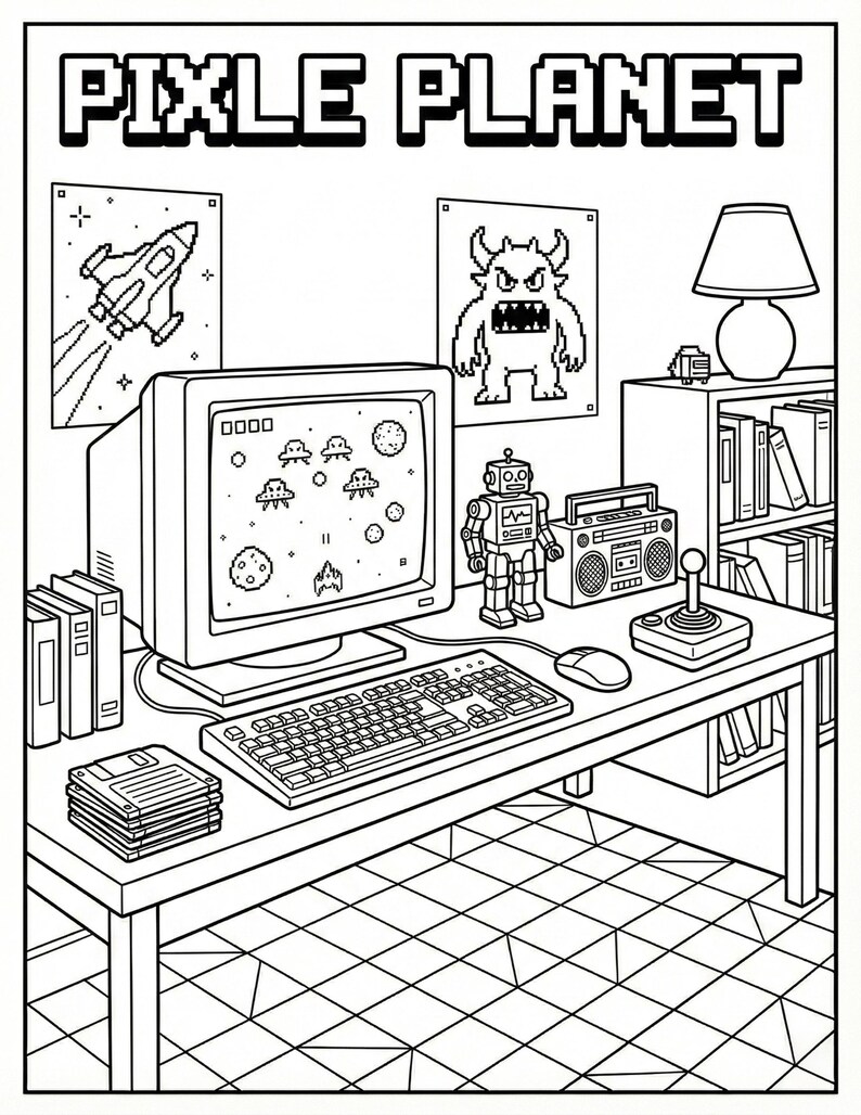 Retro Computer Desk Coloring Page – Pixel Art Gaming Room Printable ...