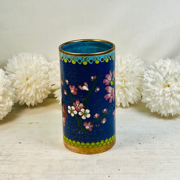 Antique Vintage Blue Cloisonne Brush Pen Pot Asian