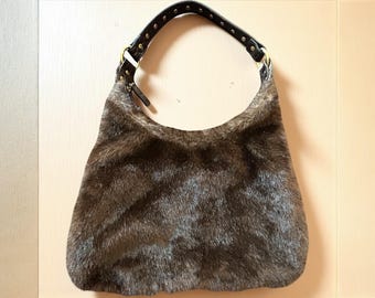 Vintage Tianni-handtas van namaakbont – bruine leren band met studs, tas jaren 90 grunge punkfestival