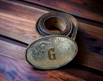 Vintage Metal Belt Buckle,Letter G,Initial,Monogram,Cowboy Style,Silver and Brass,Heavy Duty,Western,Leather,Thick,Bikercore,Wings,Embossed