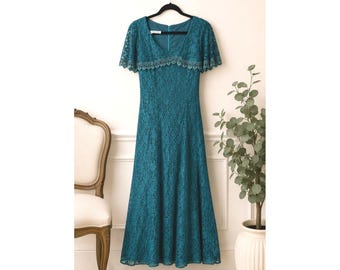 Vintage Nu Mode Jade Green Lace Maxi Dress Sz M Modest Prom Mother Bride Demure