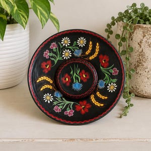 Antique Hungarian Folk Pottery Black Clay Floral Bowl Plate Cottagecore Decor