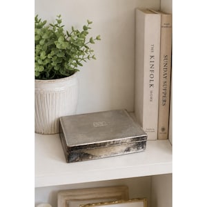 May include: A silver-toned rectangular box with a hinged lid, resting on a white shelf. The box has a slightly distressed appearance. Beside it are two books with neutral-toned covers, and a potted plant with green foliage.