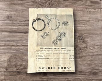 Vintage Viking Revival Bronze Pin | Mid-Century Scandinavian Jewelry with Sweden House Ad Sheet