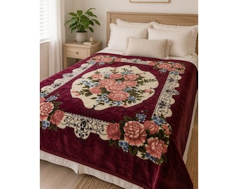 Vintage Koreaanse nertsdeken bordeauxrood met bloemenprint, Victoriaanse Grandmillennial pluche plaid