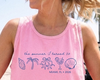 Custom Age Summer Birthday Tank Top, Beach Vacation Tank, Coastal Girls Trip Shirt, Comfort Colors